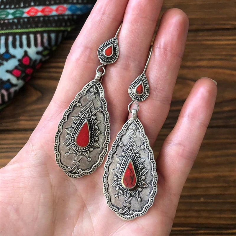 Huitan Vintage Tribal Drop Earrings for Women | Retro Ethnic Style Drop Earrings Vue E581 Red