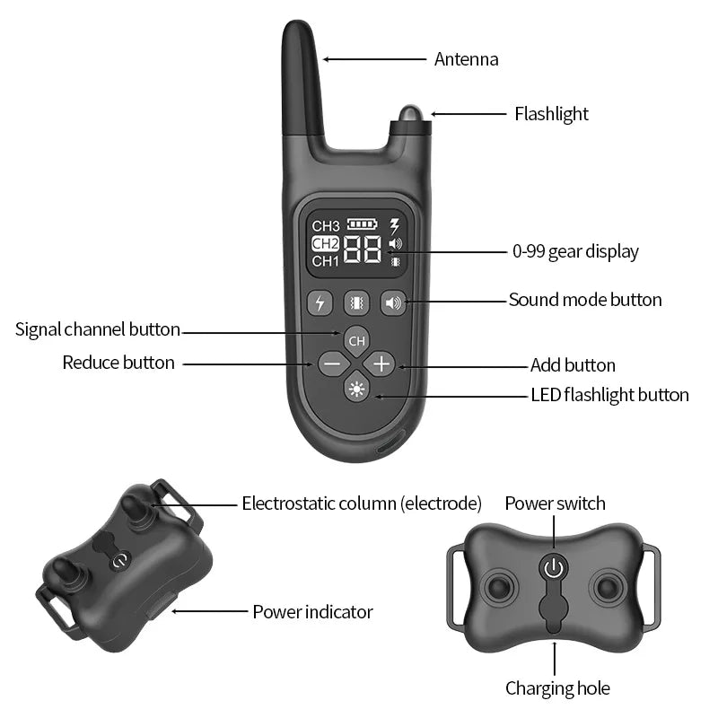 Cute 800m Black Electric Dog Training Collar with Shock Vibration Sound Remote Control Pet Training Artifact for 1/2/3 Dogs Vue