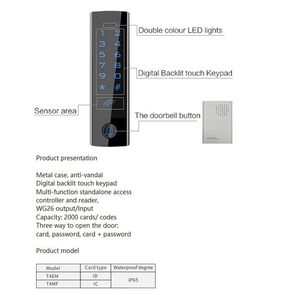 Metal touch Screen RFID 125KHz Standalone 13.56MHZ Digital backlit touch keypa Access Control system waterproof T4 Vue