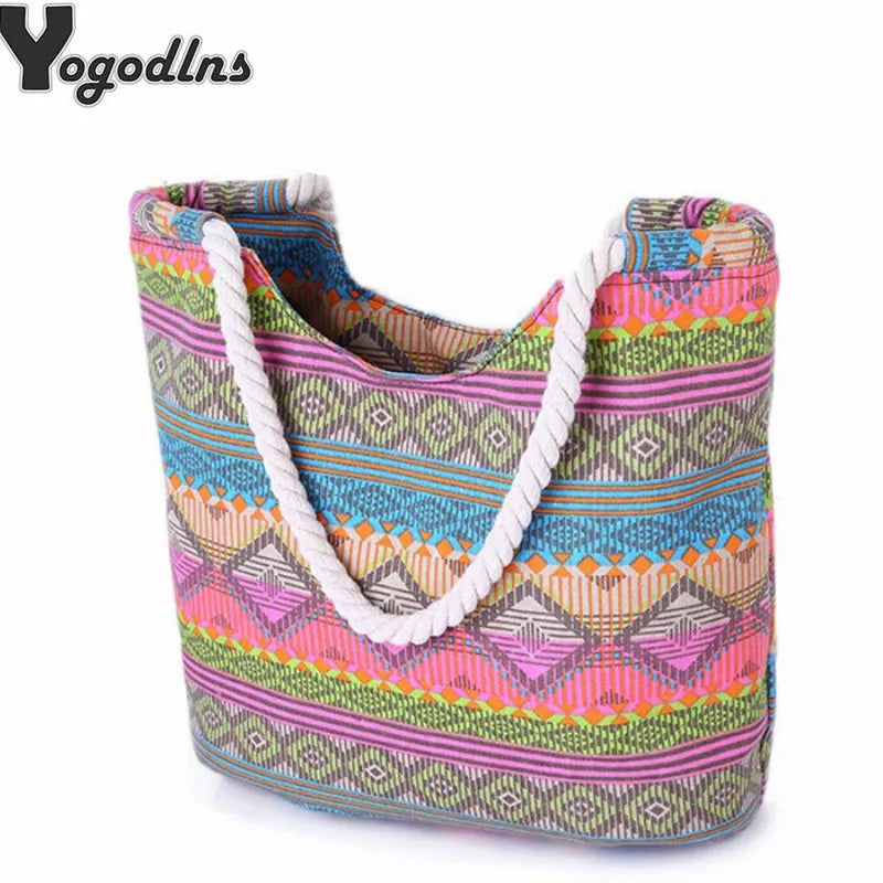 Casual Summer Beach Women Bag Lunch Fashion Canvas Striped Handbags