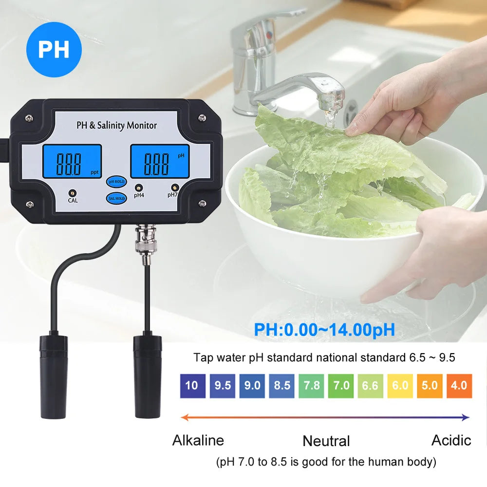 Portable Aquarium Monitor 2 In 1 PH Meter And Salinity Water Quality Tester For Fish Tank Aquarium Swimming Pool Water Tester Vue