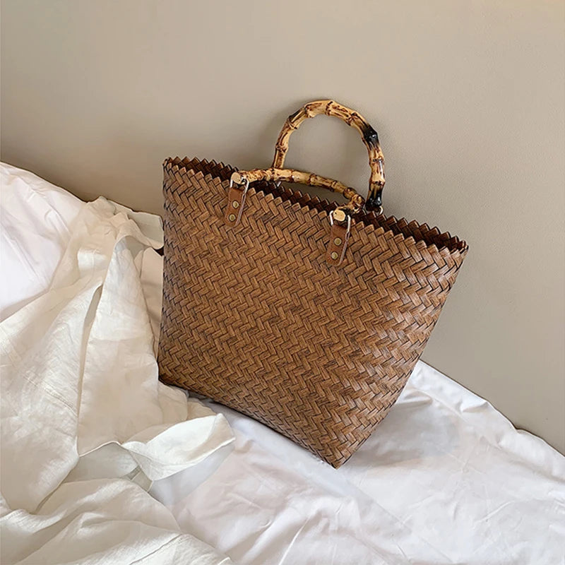 Women Woven Beach Straw Handbag Casual Handmade Hollow Out Rattan Vue Brown 27x12x29cm