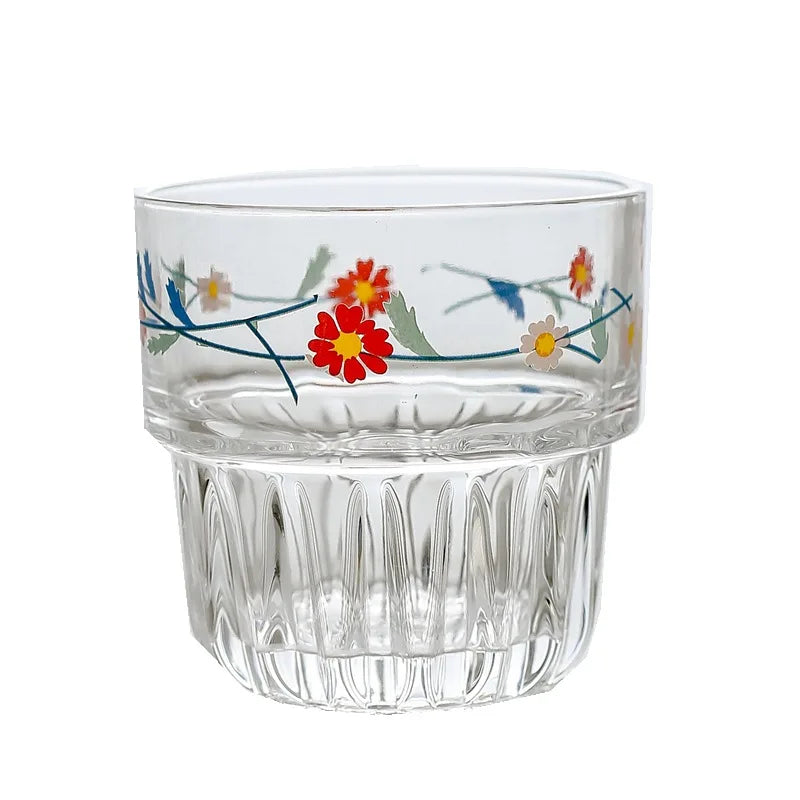 Korean Flower Glass Mug Gold Letter Printing Breakfast Milk Coffee Cup Crystal Transparent Heat-resistant Cup Home Drinkware Vue Low red flower 258-350ml