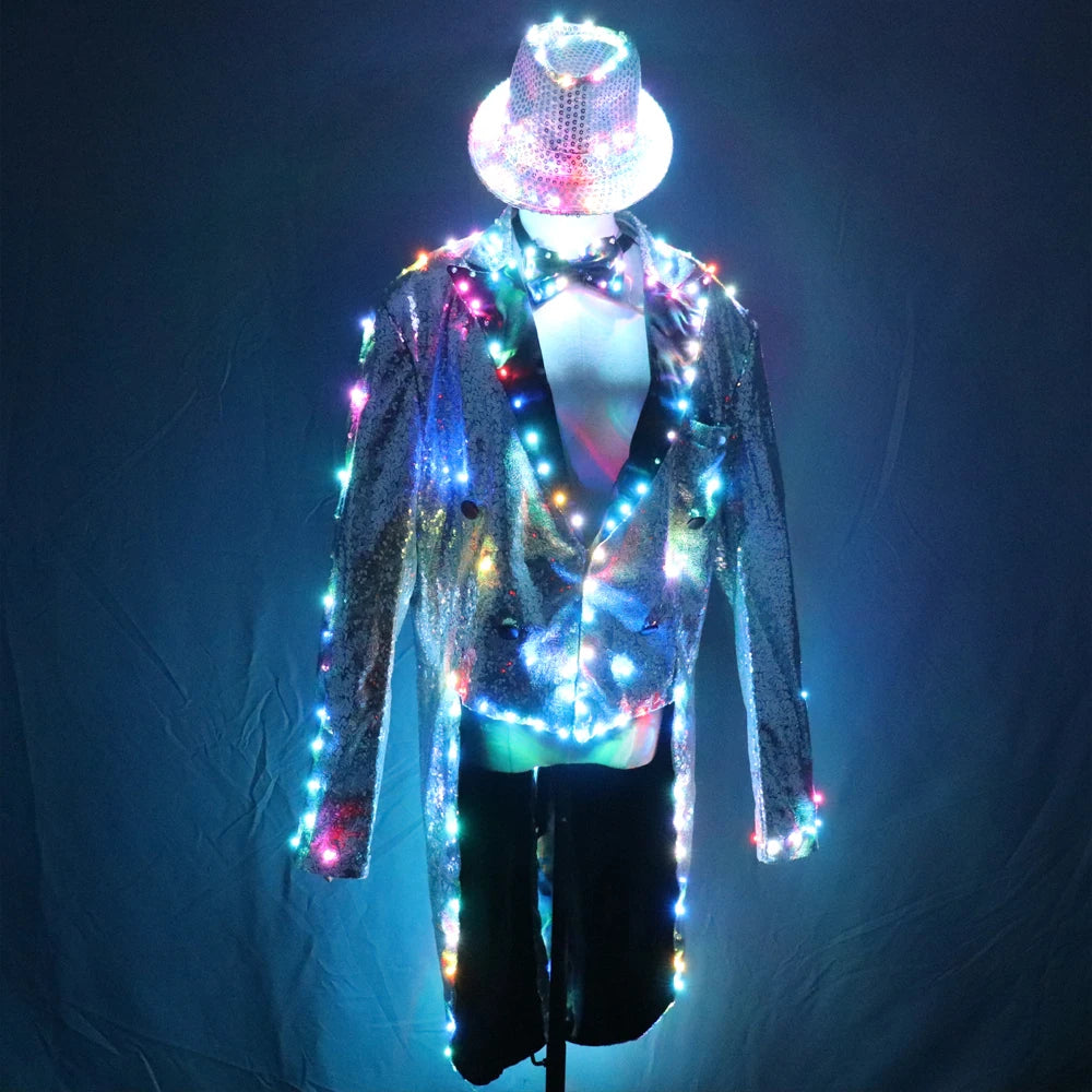 Fashion Swallowtail LED Tuxedo Luminous Costumes Glowing Vestidos LED Clothing Show Men LED Clothes Dance Accessories Vue