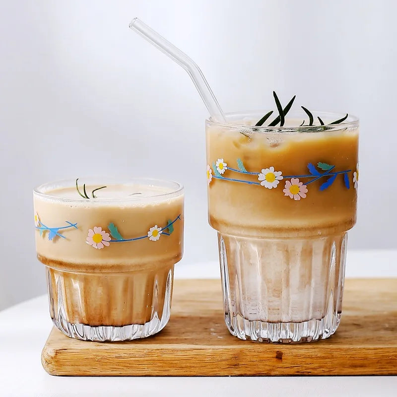 Korean Flower Glass Mug Gold Letter Printing Breakfast Milk Coffee Cup Crystal Transparent Heat-resistant Cup Home Drinkware Vue