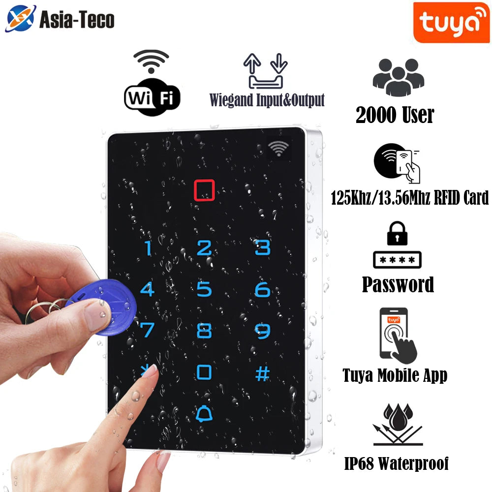 Waterproof WiFi Tuya App Backlight Touch 125khz RFID Card Access Control Keypad WG26 Output Alarm Management Card Support Vue