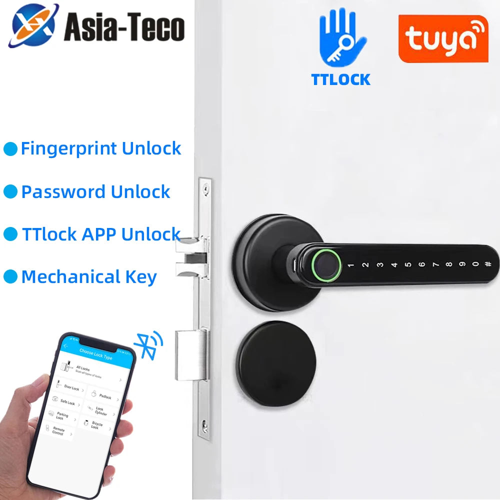 TTLock Smart Bluetooth Fingerprint Lock Biometric Password Code Door Lock with Electronic Handle - APP Controlled Home Security Vue