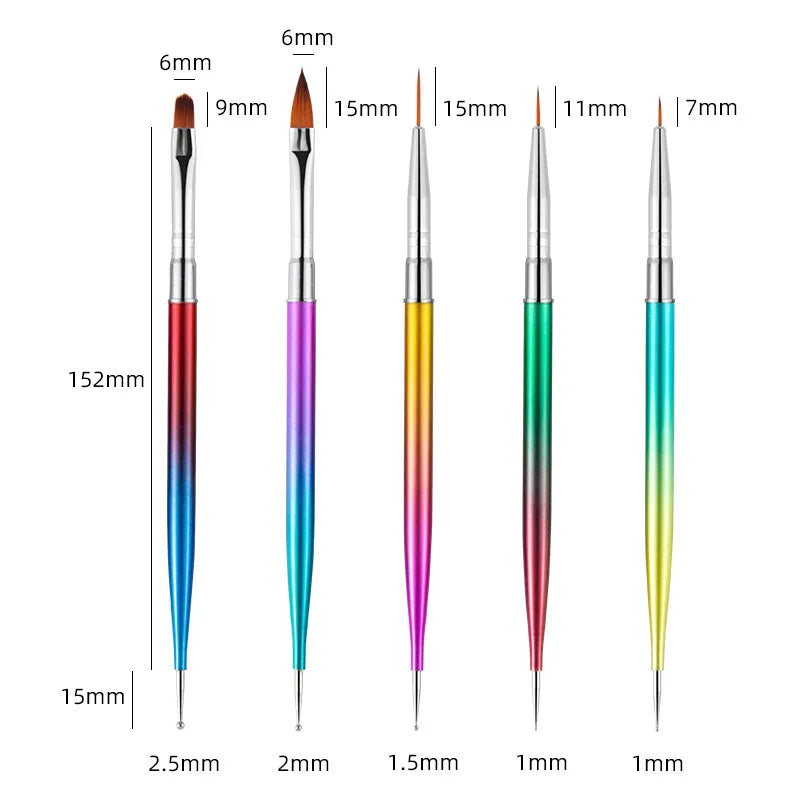 5Pc Rhinestone Design Dual End Acrylic Nail Art Carving Dotting Pen Tip Liner Painting Drawing Brush Gel UV Polish Manicure Tool Vue 08