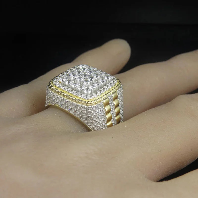Huitan Iced Out CZ Men's Hip Hop Ring | Light Gold Pavé Men's Fashion Ring Vue