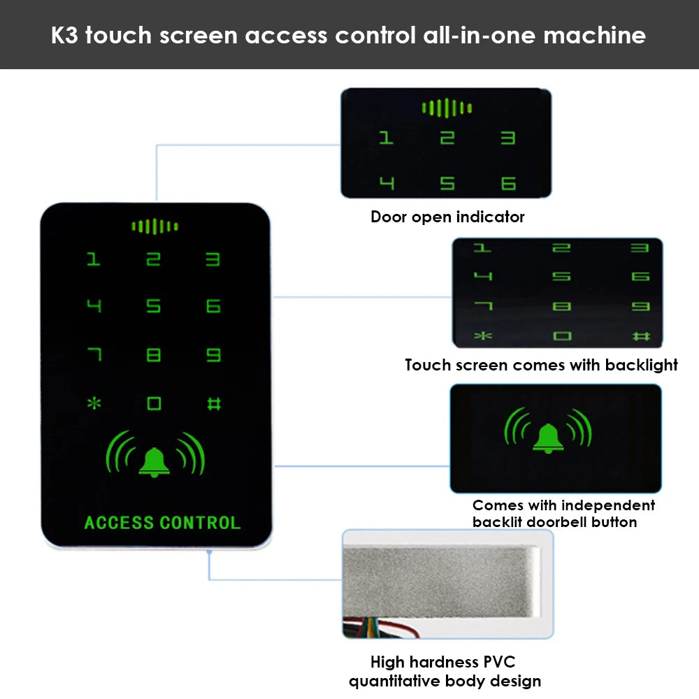 13.56Mhz RFID Backlight Touch Screen Proximity Card Keypad Access Control Reader for Door Gate Lock Opener Wiegand Input EM MF Vue