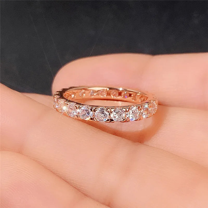 Huitan Rose Gold CZ Wedding Band Ring for Women | Thin & Stylish Wedding Band Ring Vue
