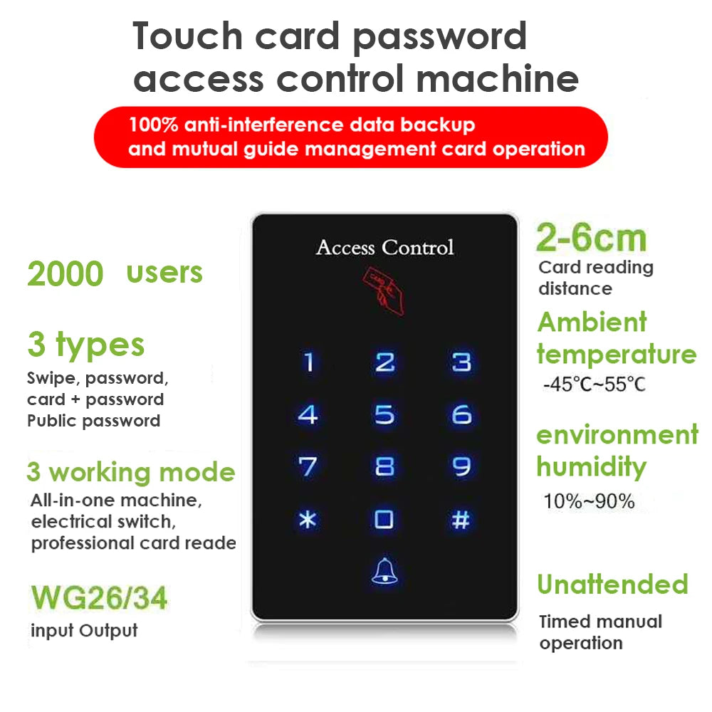 Backlight Touch 125khz RFID Card Access Control keypad reader Door Lock opener wiegand 26 output door access control system Vue