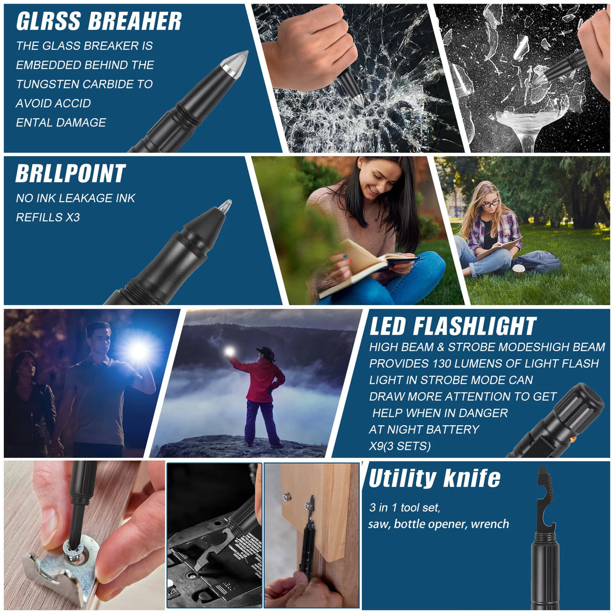 Multi-Function Tactical Pen Emergency Flashlight Screwdriver Bottle Opener Window Breaker Outdoor Survival EDC Tool Gift Box Vue
