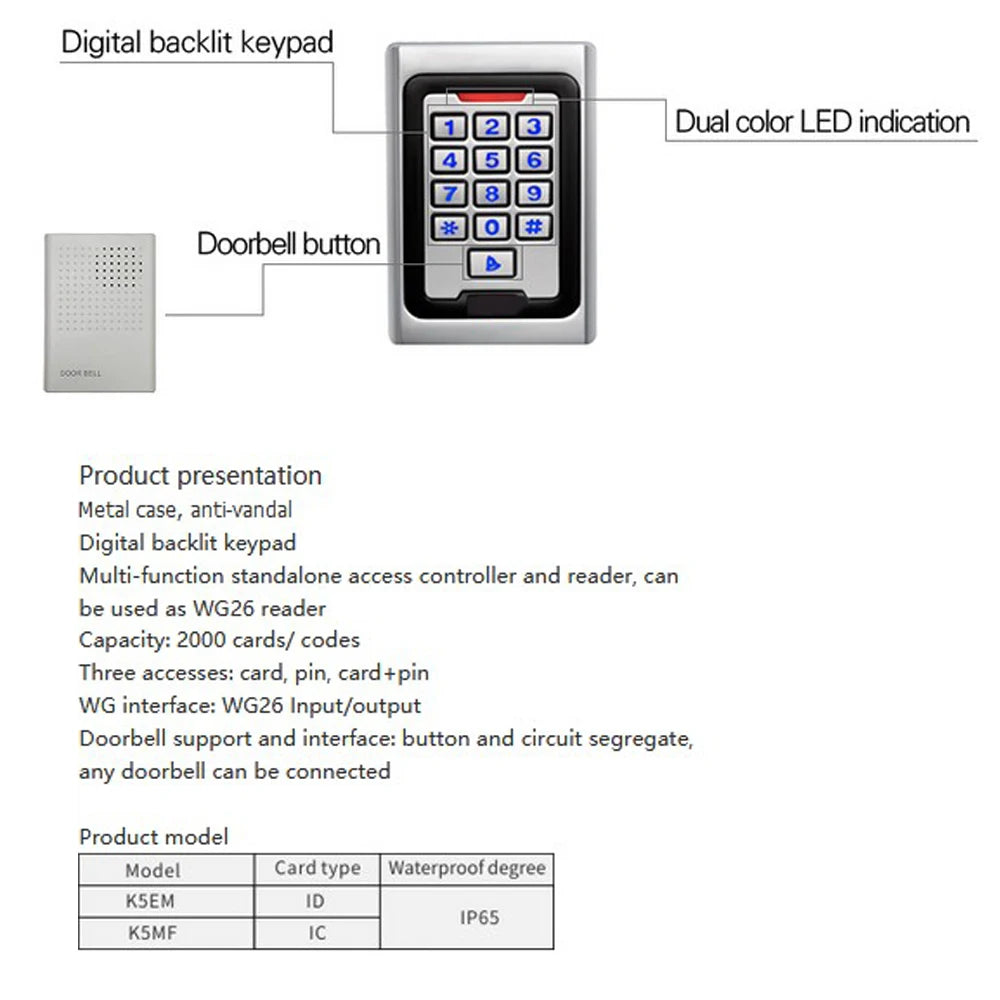 RFID Keypad Proximity Card Standalone 2000 Users Door Access Control Keypad Outdoor RFID Access Control System Vue