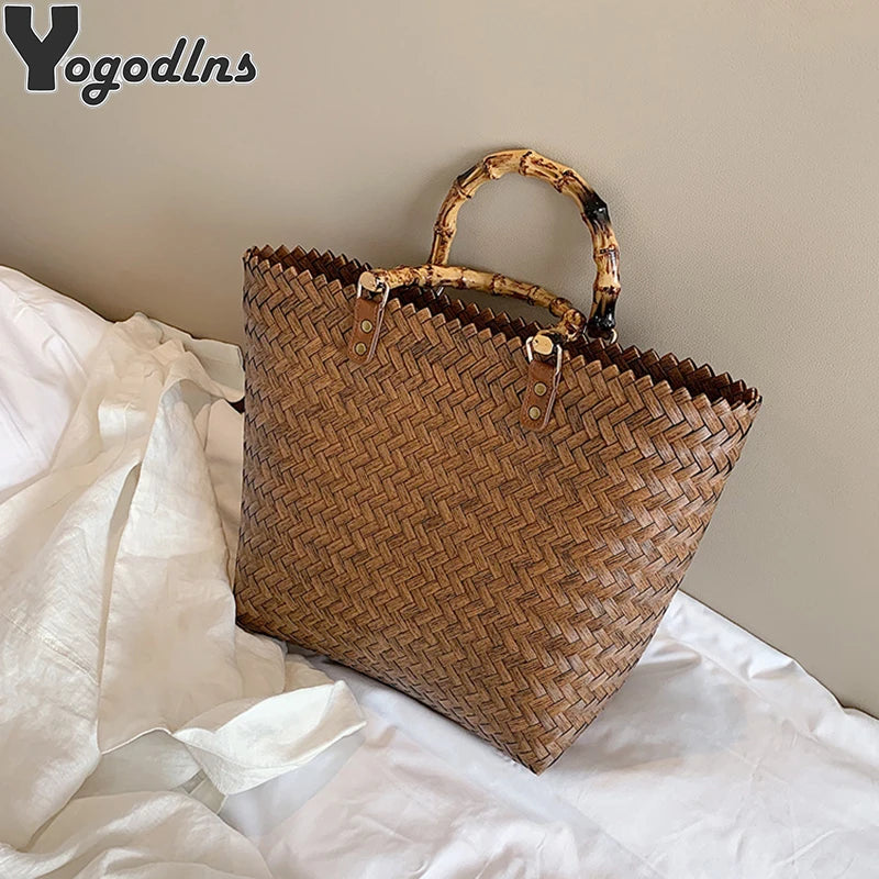 Women Woven Beach Straw Handbag Casual Handmade Hollow Out Rattan