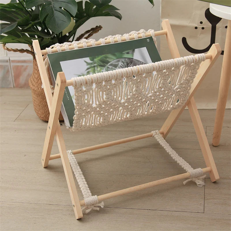 Macrame Cotton Rope Magazine Rack – Boho Desktop Bookshelf Magazine Storage Rack Vue