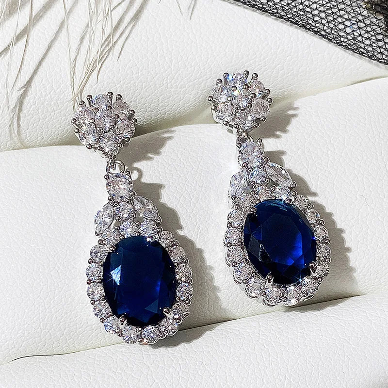 Huitan Blue Cubic Zirconia Drop Earrings | Silver Tone Women Drop Earrings Vue