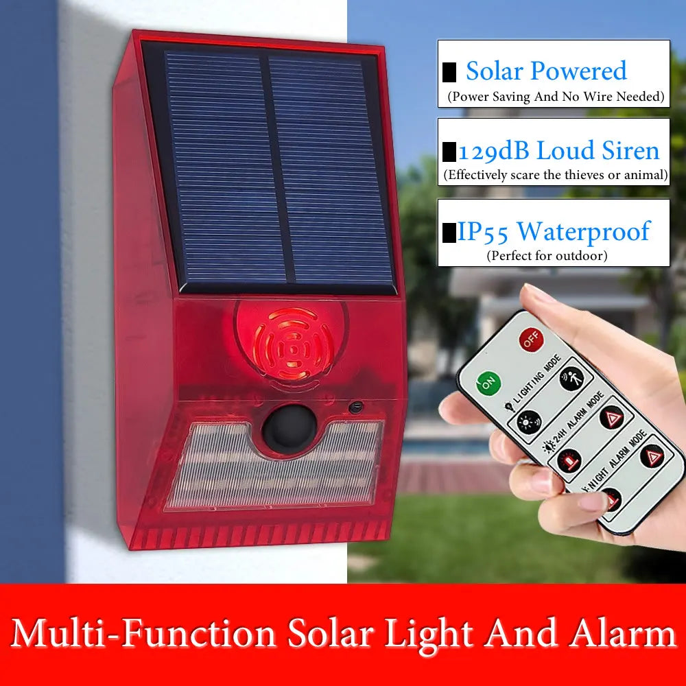 2-In-1 Solar Motion Sensor Detector Alarm Light Remote Control Siren Waterproof 129dB Siren Lamp For Home Outdoor Yard Farm Vue
