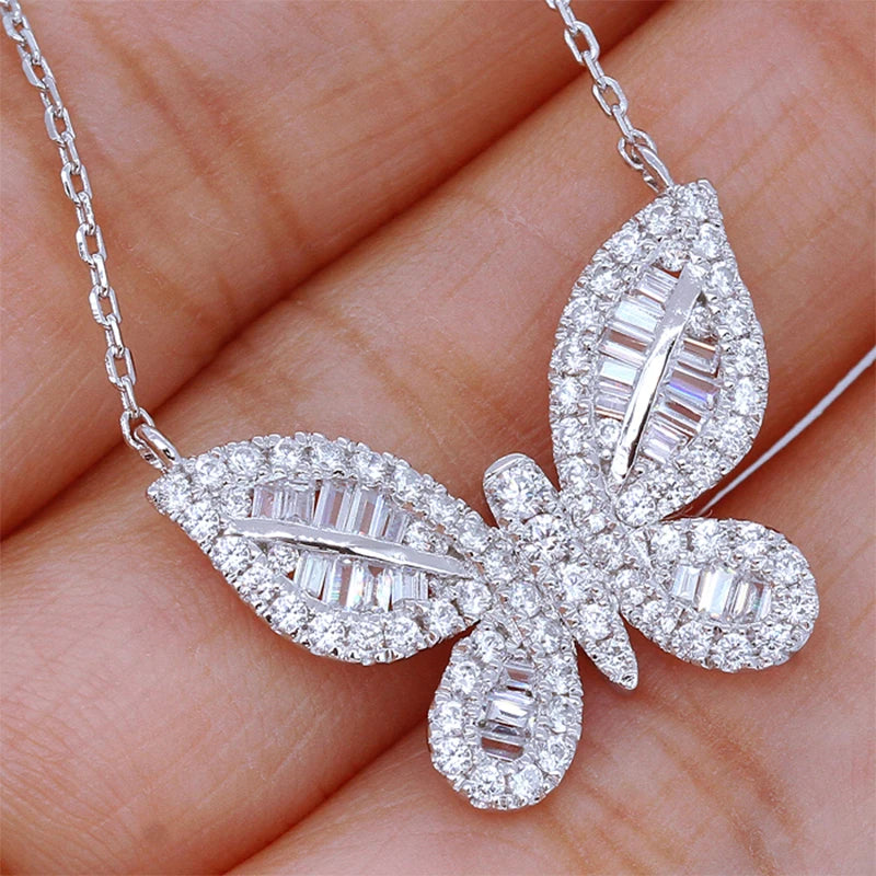 Huitan Butterfly Pendant Necklace – Cubic Zirconia Women's Jewelry Pendant Necklace Vue Silver Plated 45cm 5cm WHITE