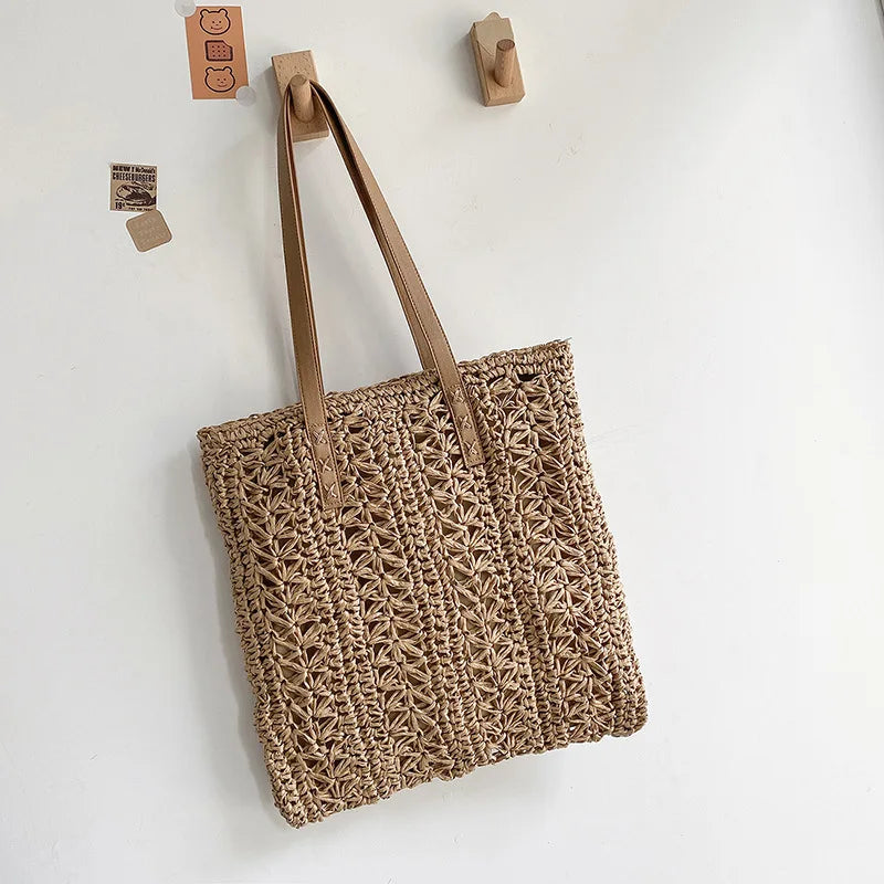 Square Hollow Straw Beach Bag Handmade Woven Shoulder Raffia Rattan