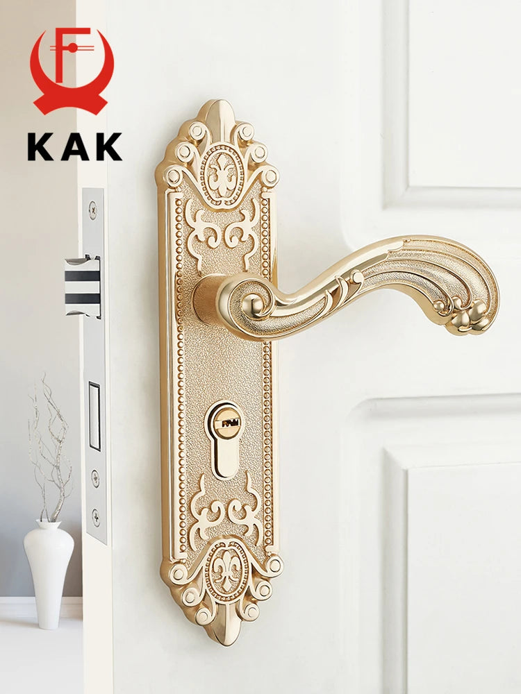 KAK European Style Gold Door Locks with Keys Door Handle Ivory White Security Entrance Door Lock Mute Anti-theft Door Hardware Vue
