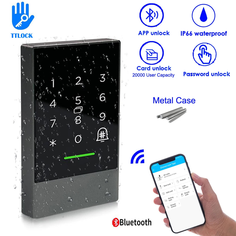 K2 IP66 Waterproof Bluetooth V4.1 TTlock Mobile App Control Door Access Control System 13.56Mhz RFID Card Reader 20000 User Vue