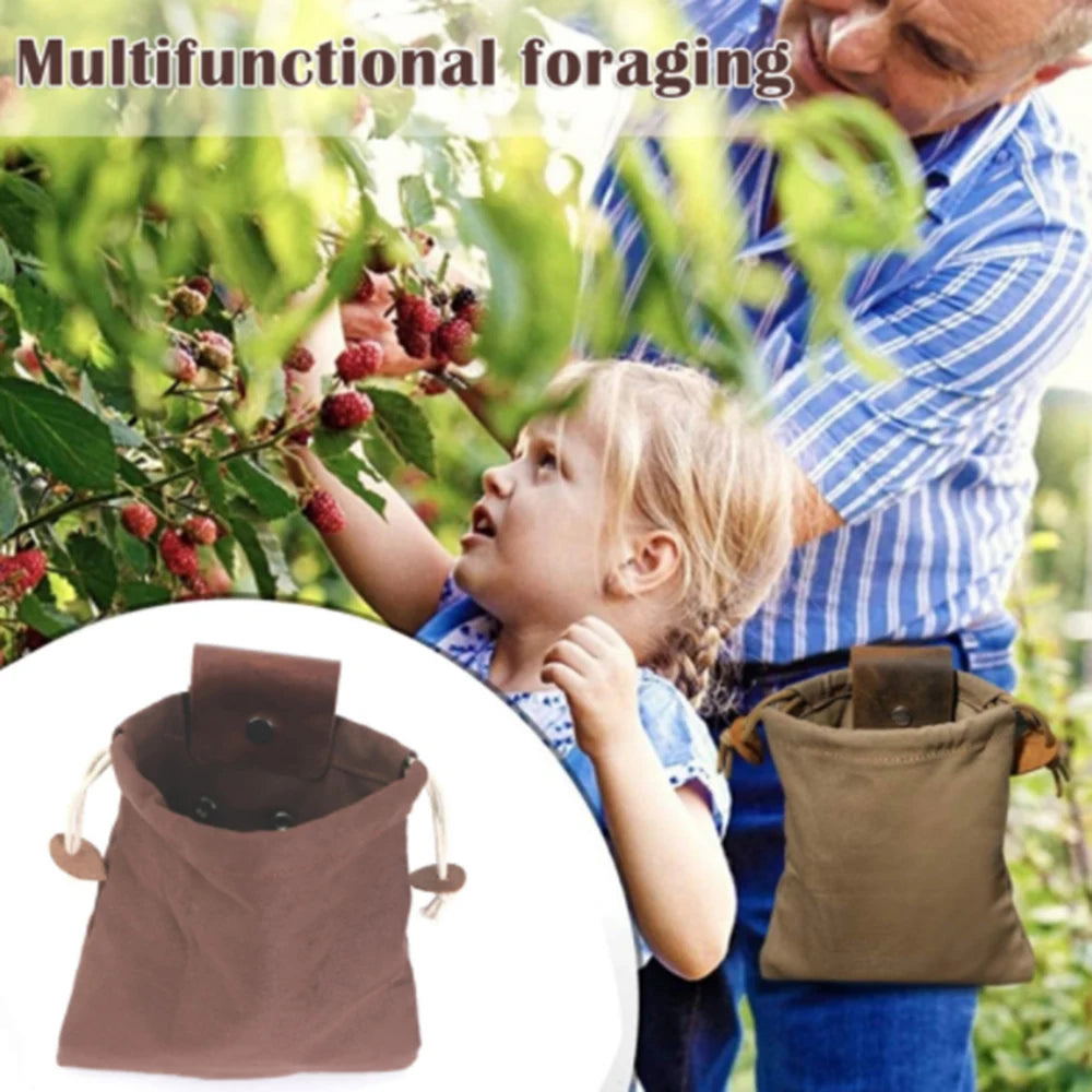 New Portable Outdoor Hiking Foraging Bag Fruit Picking Pouch Collapsible Berry Puch Storage Leather Bushcraft Canvas Bag Camping Vue