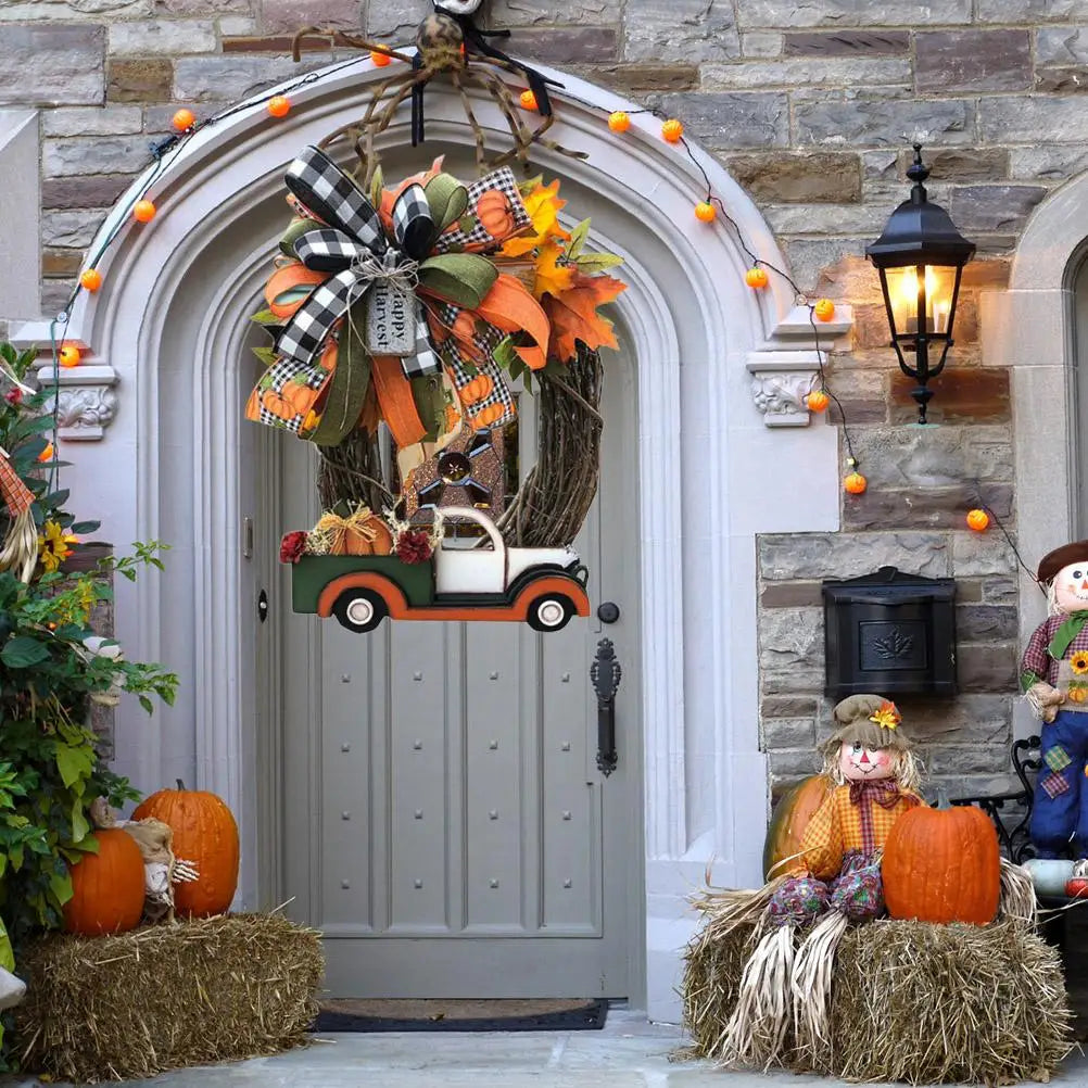Halloween Farmhouse Wreath Decorations Vintage Thanksgiving Pumpkin Truck Wreath Window Door Wall Hanging Decor Vue