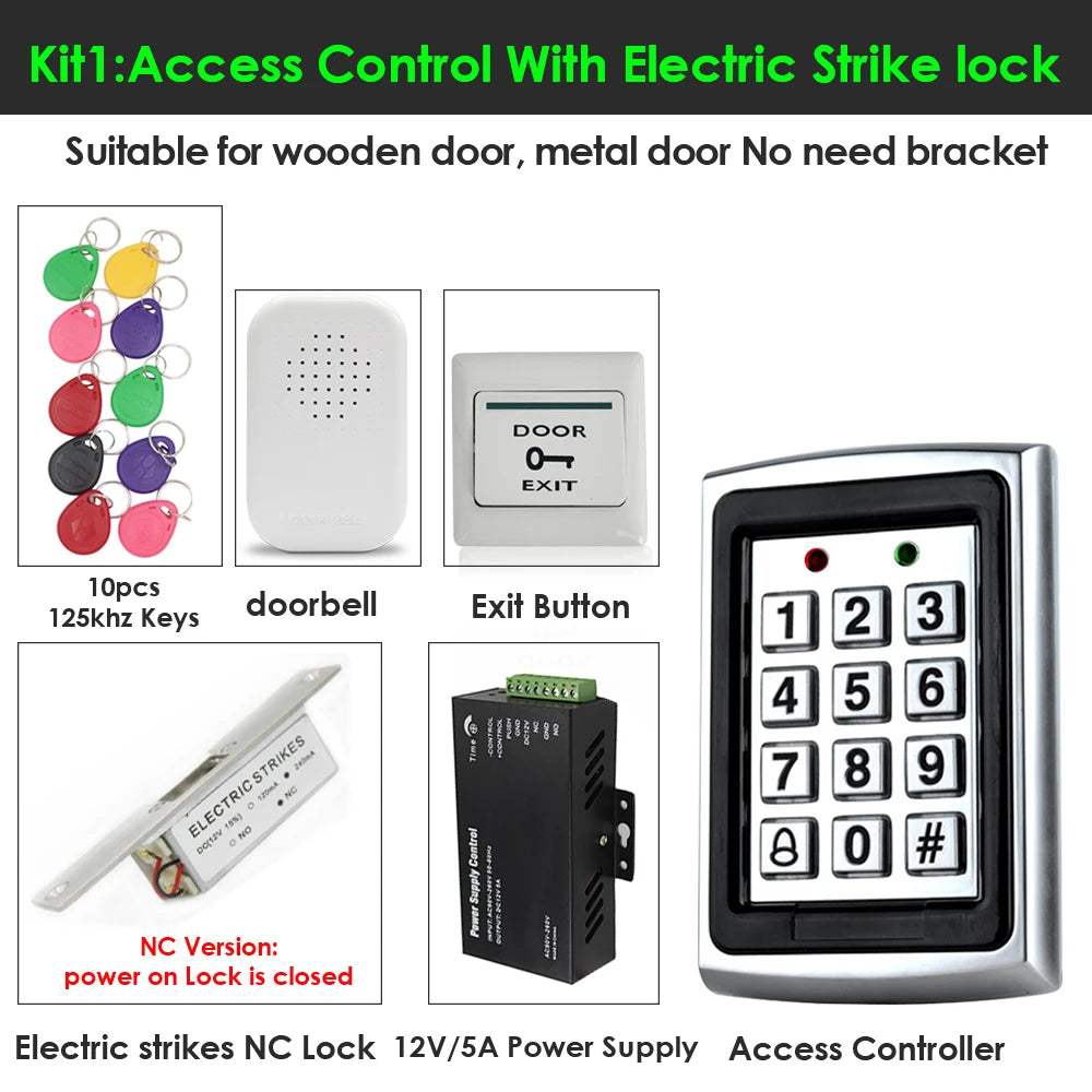 1000 Users Standalone Metal Keypad Electronic Lock Power Supply DC12V Door Exit with 125KHz ID Keyfobs Access Control System Kit Vue Kit 1