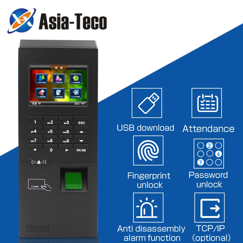 Biometric Fingerprint Time Clock 2.8inch 125Khz RFID Access Control Keypad 2000 Users USB TCP/IP RS485 for Time Attendance Vue