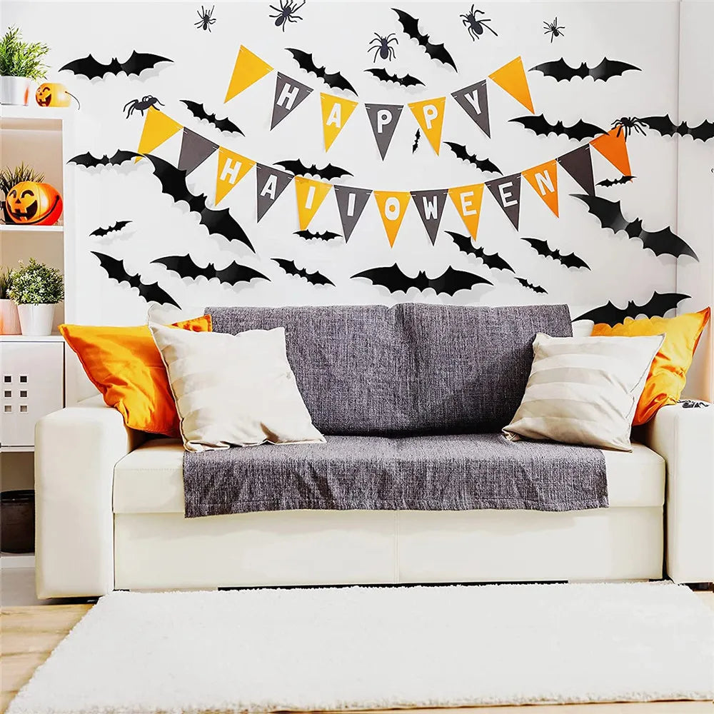 60PCS 3D PVC Halloween Bat Stickers 4 Sizes Scary Wall Decal Waterproof Window Clings for Party Indoor Decor Vue