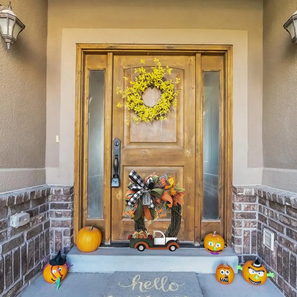 Halloween Farmhouse Wreath Decorations Vintage Thanksgiving Pumpkin Truck Wreath Window Door Wall Hanging Decor Vue