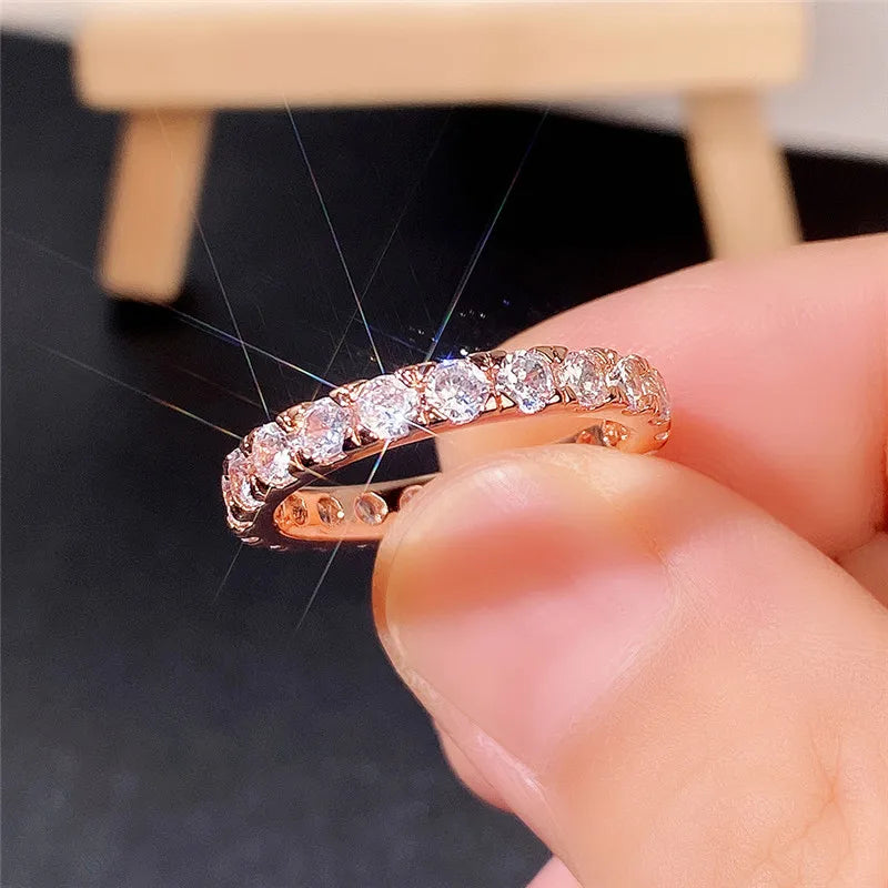 Huitan Rose Gold CZ Wedding Band Ring for Women | Thin & Stylish Wedding Band Ring Vue