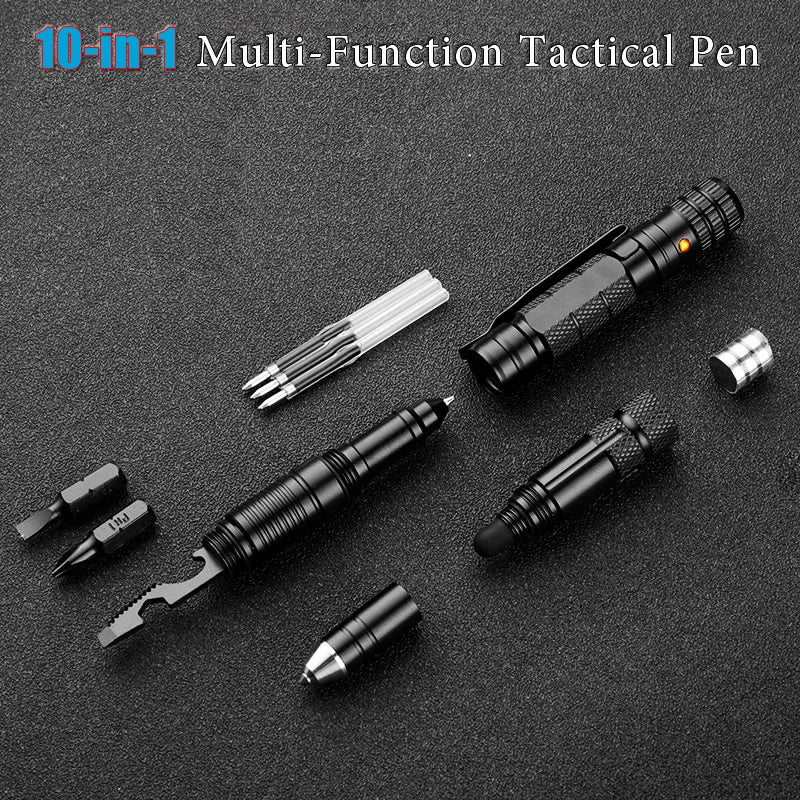 10-In-1 Self Defense Tactical Pen Emergency Flashlight Screwdriver Bottle Opener Window Breaker Outdoor Survival EDC Tool Gift Vue