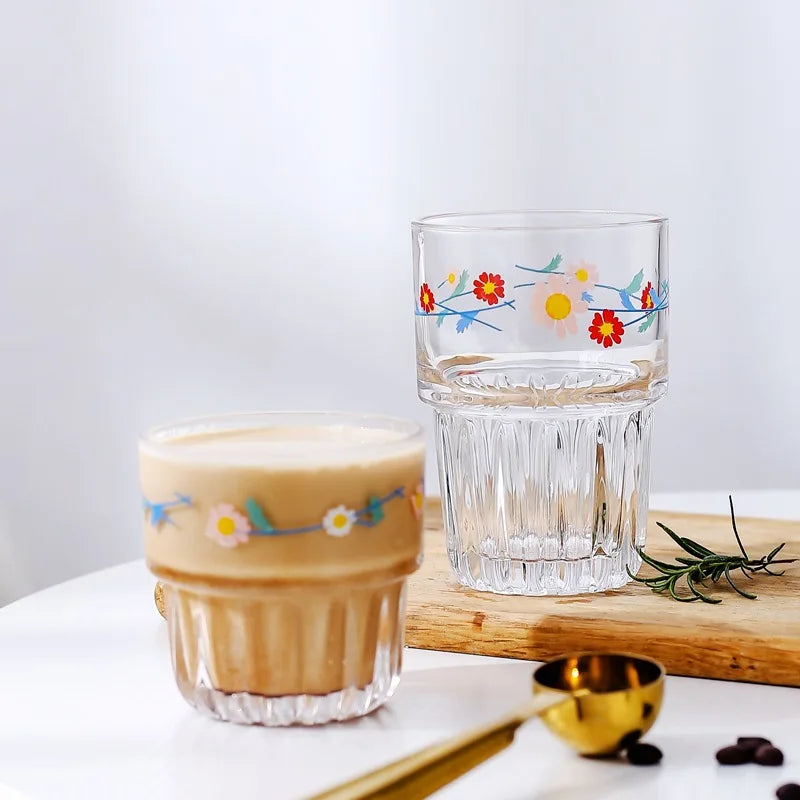 Korean Flower Glass Mug Gold Letter Printing Breakfast Milk Coffee Cup Crystal Transparent Heat-resistant Cup Home Drinkware Vue