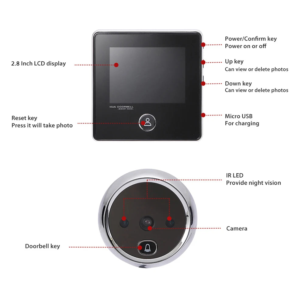 KAK 2.8" LCD Screen Electronic Door Viewer Bell IR Night Door Camera Photo Recording Digital Door Viewer Smart Peephole Doorbell Vue