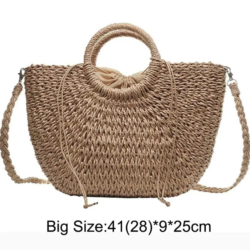 Summer Handmade Bags Women Beach Weaving Ladies Straw Bag Wrapped Vue Khaki addstrap L as picture