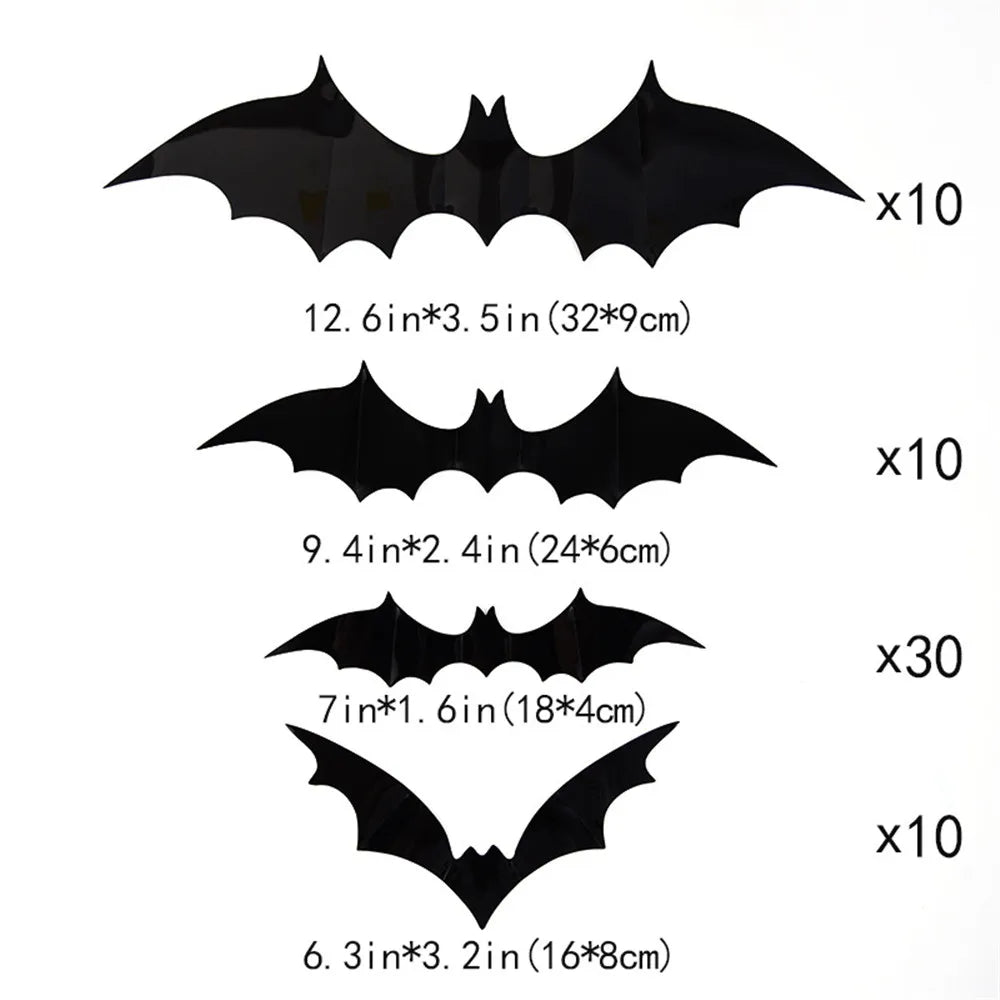 60PCS 3D PVC Halloween Bat Stickers 4 Sizes Scary Wall Decal Waterproof Window Clings for Party Indoor Decor Vue