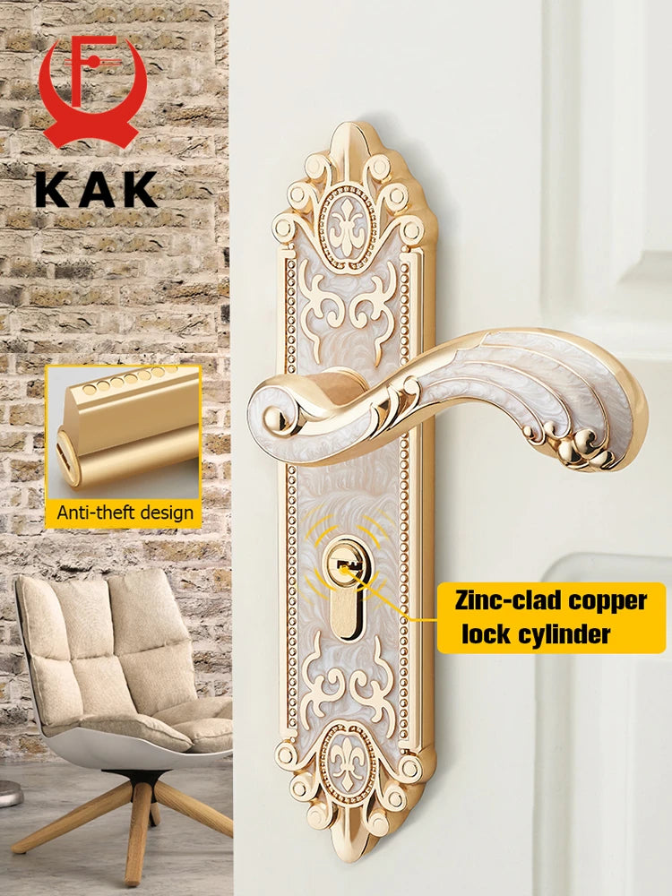 KAK European Style Gold Door Locks with Keys Door Handle Ivory White Security Entrance Door Lock Mute Anti-theft Door Hardware Vue