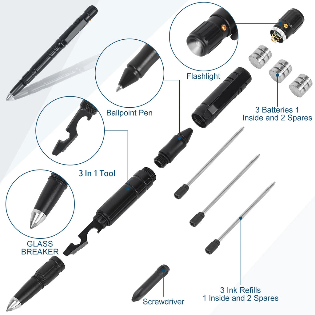 Multi-Function Tactical Pen Emergency Flashlight Screwdriver Bottle Opener Window Breaker Outdoor Survival EDC Tool Gift Box Vue