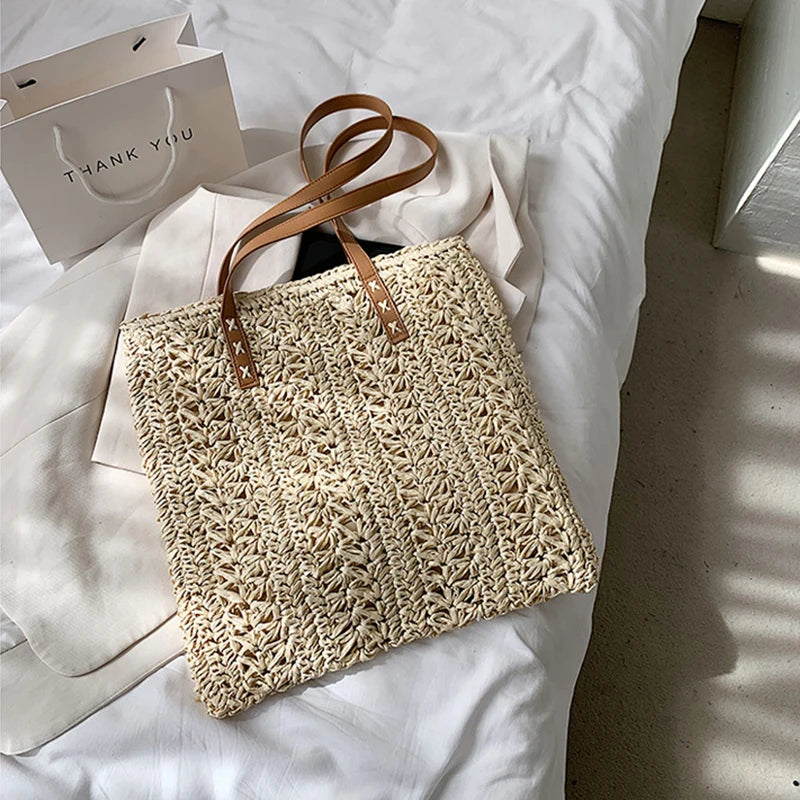 Square Hollow Straw Beach Bag Handmade Woven Shoulder Raffia Rattan