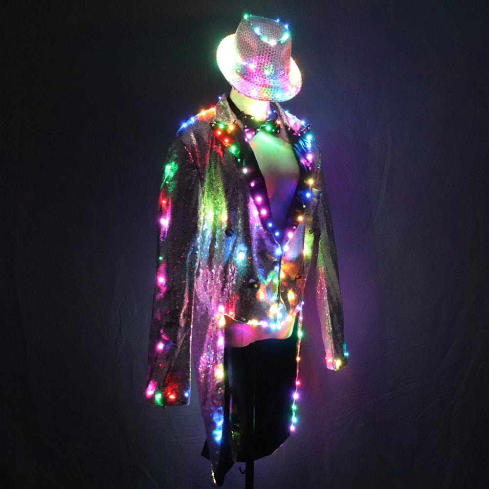 Fashion Swallowtail LED Tuxedo Luminous Costumes Glowing Vestidos LED Clothing Show Men LED Clothes Dance Accessories Vue