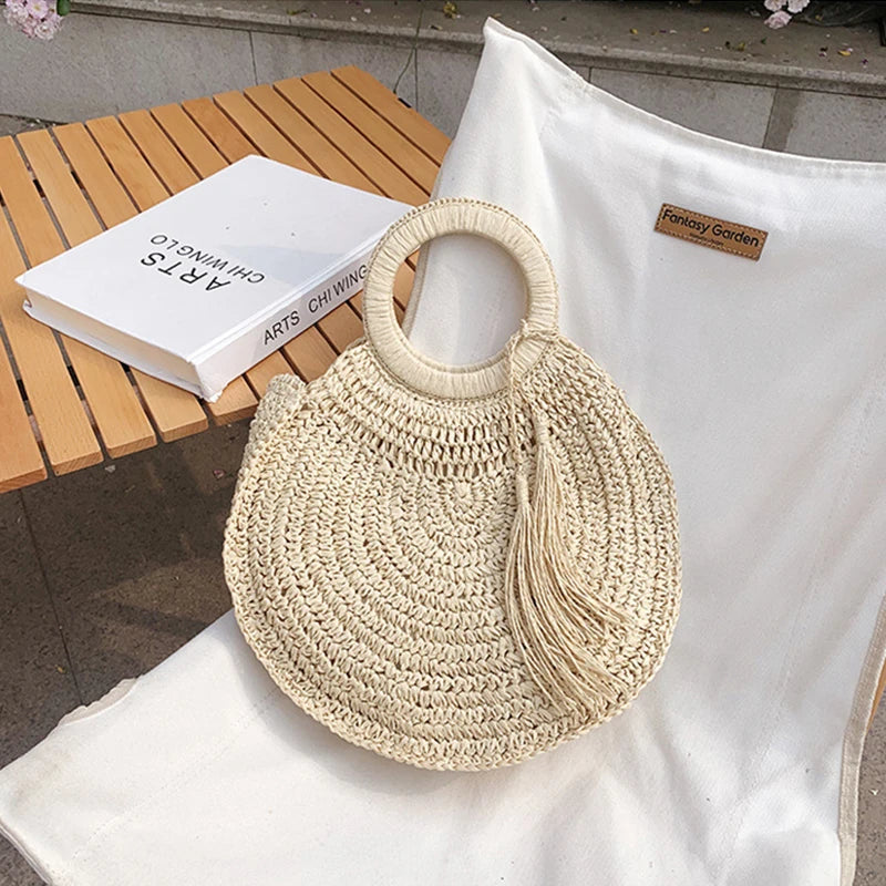 Summer Women Round Straw Bags Rattan Shoulder Bag Handmade Woven