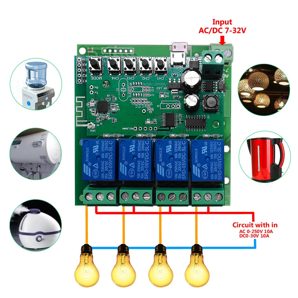 WiFi Smart Switch Self-Locking 4-Way Relay Module Remote Control DC 5V-32V/12V AC 220V Wireless Interlock Switch for Smart Home Vue