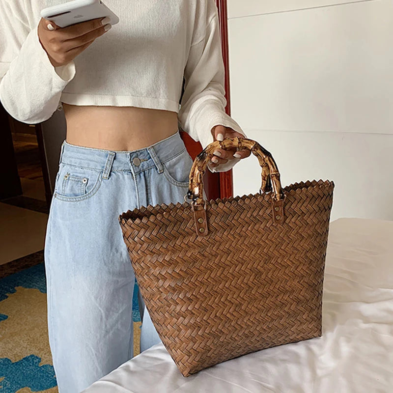 Women Woven Beach Straw Handbag Casual Handmade Hollow Out Rattan