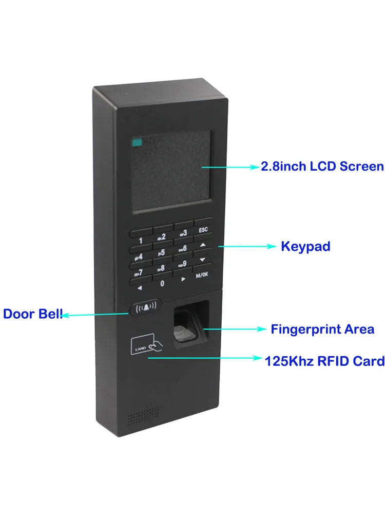 Biometric Fingerprint Time Clock 2.8inch 125Khz RFID Access Control Keypad 2000 Users USB TCP/IP RS485 for Time Attendance Vue