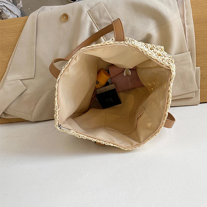 Square Hollow Straw Beach Bag Handmade Woven Shoulder Raffia Rattan