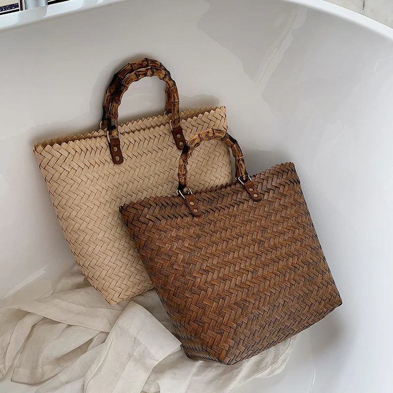 Women Woven Beach Straw Handbag Casual Handmade Hollow Out Rattan