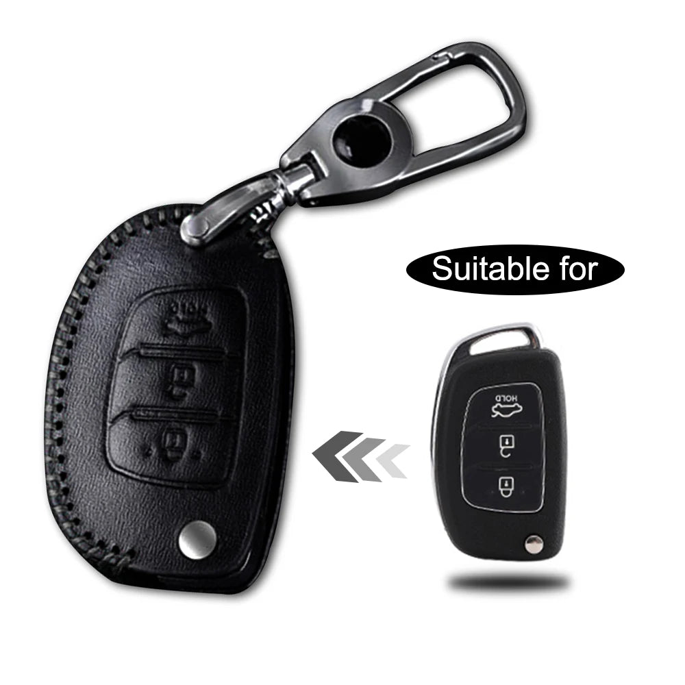 Leather Car Key Case Key Fob Cover For Hyundai Tucson Creta ix25 ix35 Verna 3 4 Buttons Smart Folding Keychain Vue