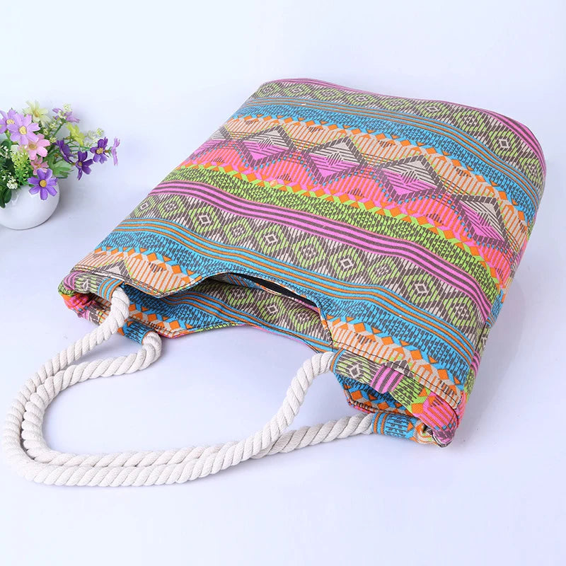 Casual Summer Beach Women Bag Lunch Fashion Canvas Striped Handbags
